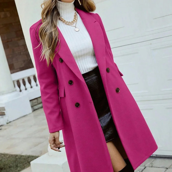 Jackets & Blazers - Hot Pink Elegant Women's Lapel Neck Double Breasted Overcoat